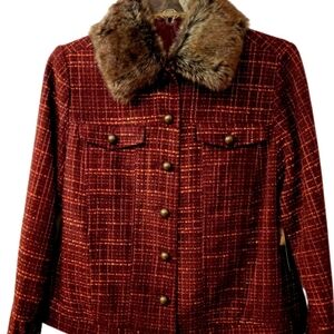 NWT Laura Ashley Petite Plaid Tweed Jacket Detachable Faux Fur Collar Small